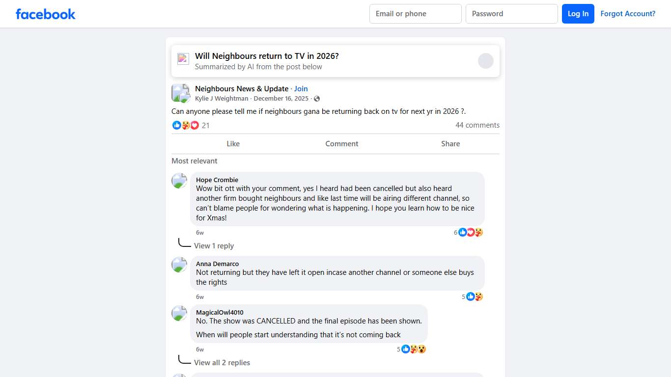 Neighbours News & Update Can anyone please tell me if neighbours gana be returning back on tv for next yr in 2026 Facebook